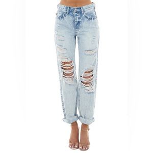 Acid Wash High Rise Boyfriend Jeans With Heavy Distressing